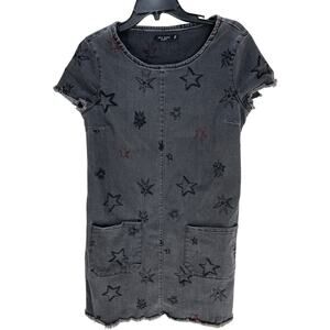 Max Jeans Denim Dress XS Gray Stars Print Short Sleeve Pockets Scoop Neck Grunge